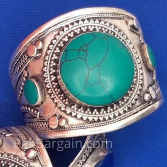 Single Boho Kuchi Cuff Bracelet With Round Shaped Stones, Tribal Ethnic Cuff - Picture 1 of 6